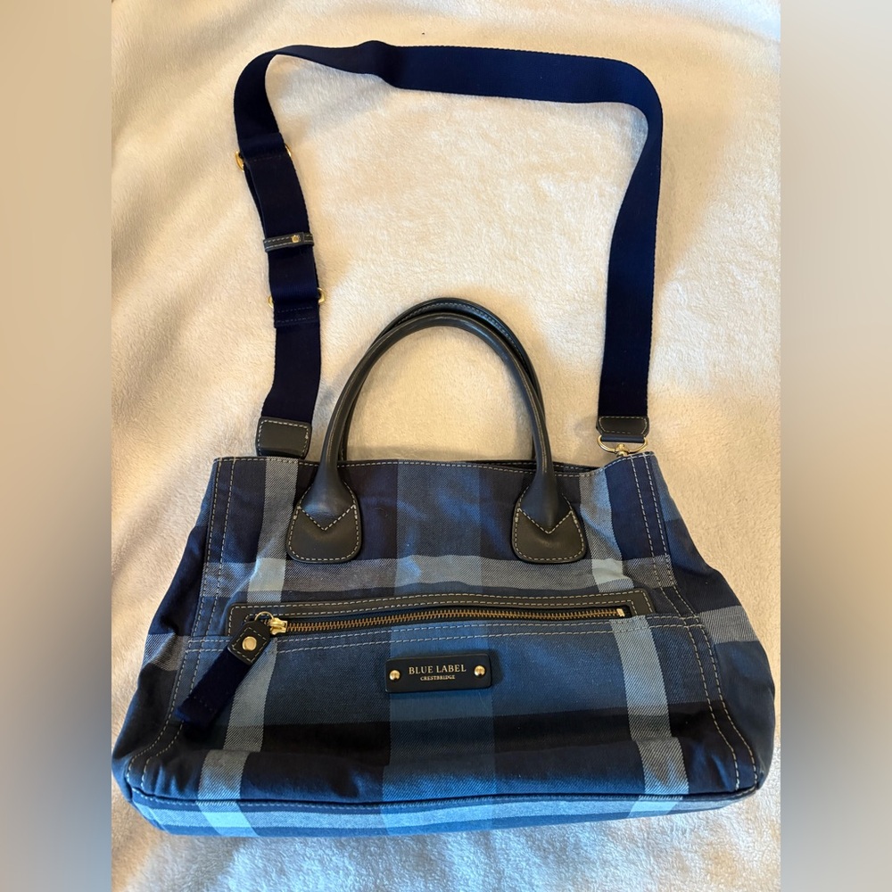 Burberry Blue Label denim blue plaid pattern bag with adjustable strap